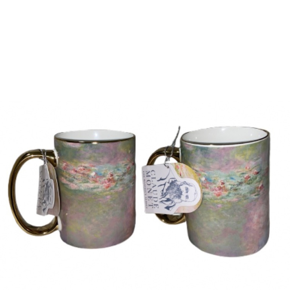 Claude Monet Impressionist Ceramic Mugs with Gold Handle - Pastel Floral